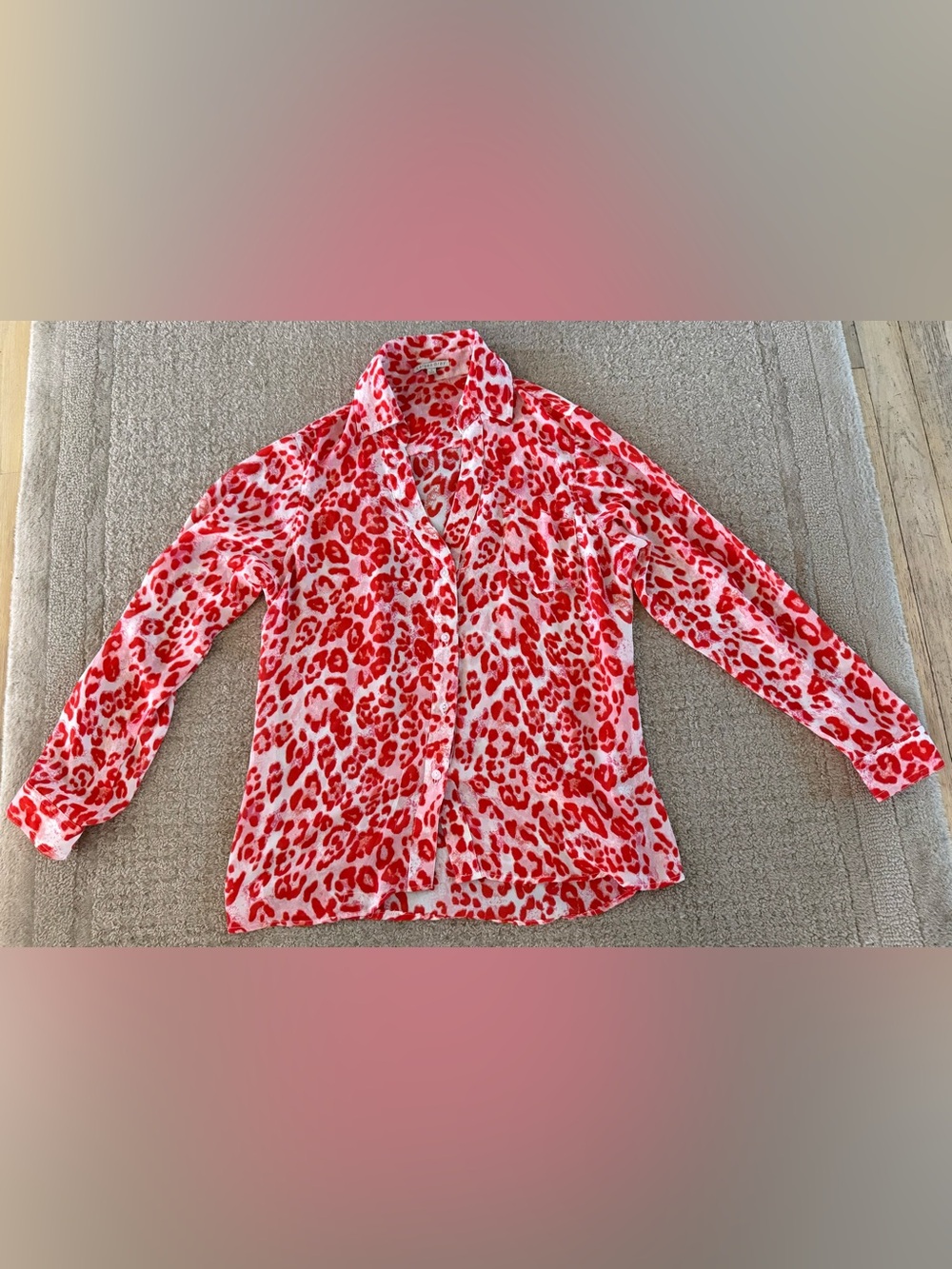 Larsen Gray Womens Sheer Leopard Print Button Front Blouse Pink Red LS Small s
